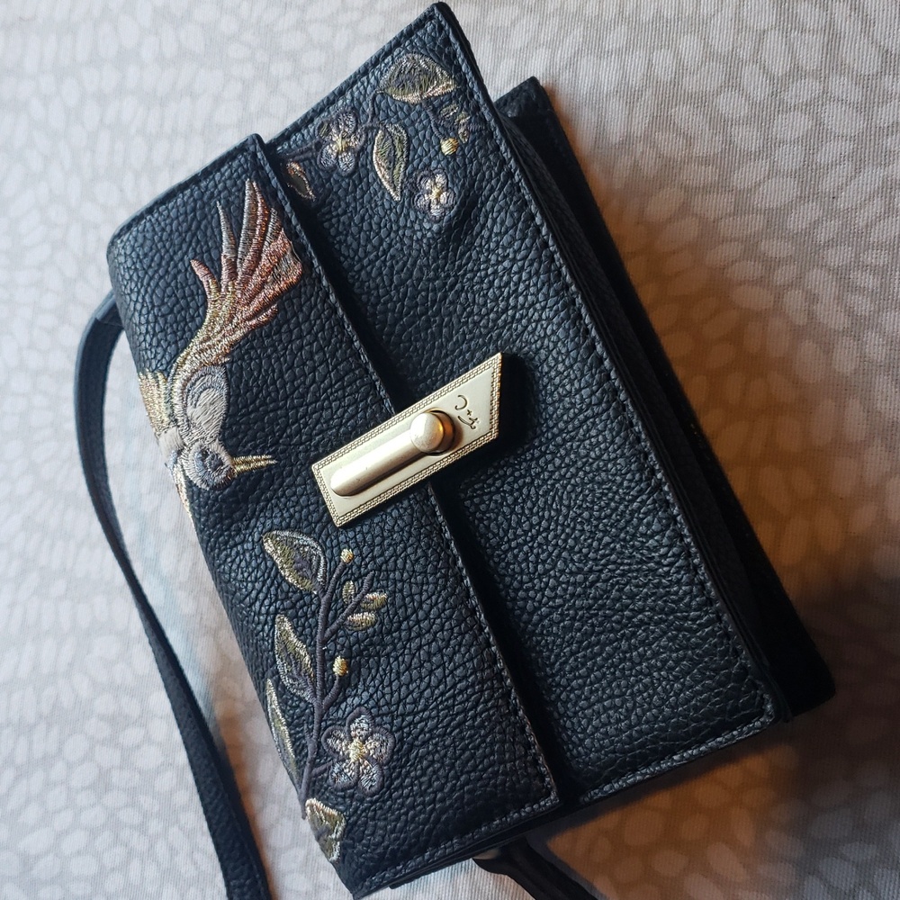 Foley + Corinna Embroidered Bird and Flowers Black Crossbody Bag